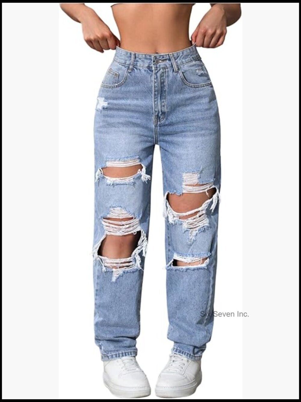 High Waisted Distressed Straight Leg Jeans Ripped Denim